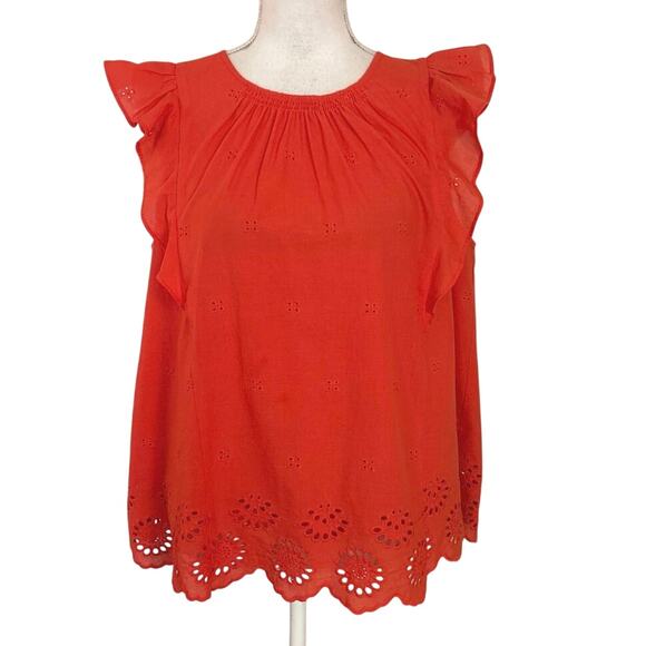 Kate Spade Size L Orange Eyelet Ruffle Top Blouse - Picture 3 of 6